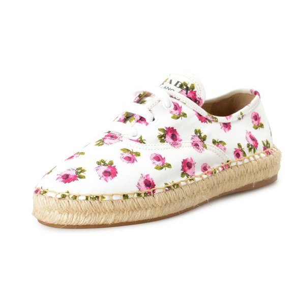 Prada Women's 1E988L Canvas Floral Print Lace Up Flats Casual Shoes - Picture 1 of 8